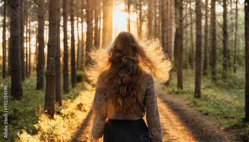 mulher jovem bonita em um caminho na floresta com cabelos ao vento photo