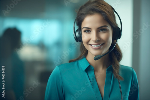 happy smile woman in turquoise blouse from call center with headphones microphone, blurred background, information service