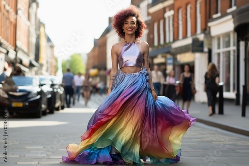 A transgender woman dressed in a rainbow outfit on the street. © Michael