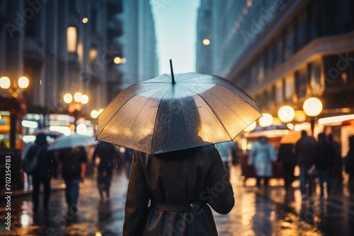 A woman with an umbrella in a busy city on a rainy day.