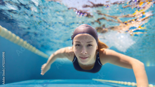 Portrait of a female swimmer swimming underwater in a pool.