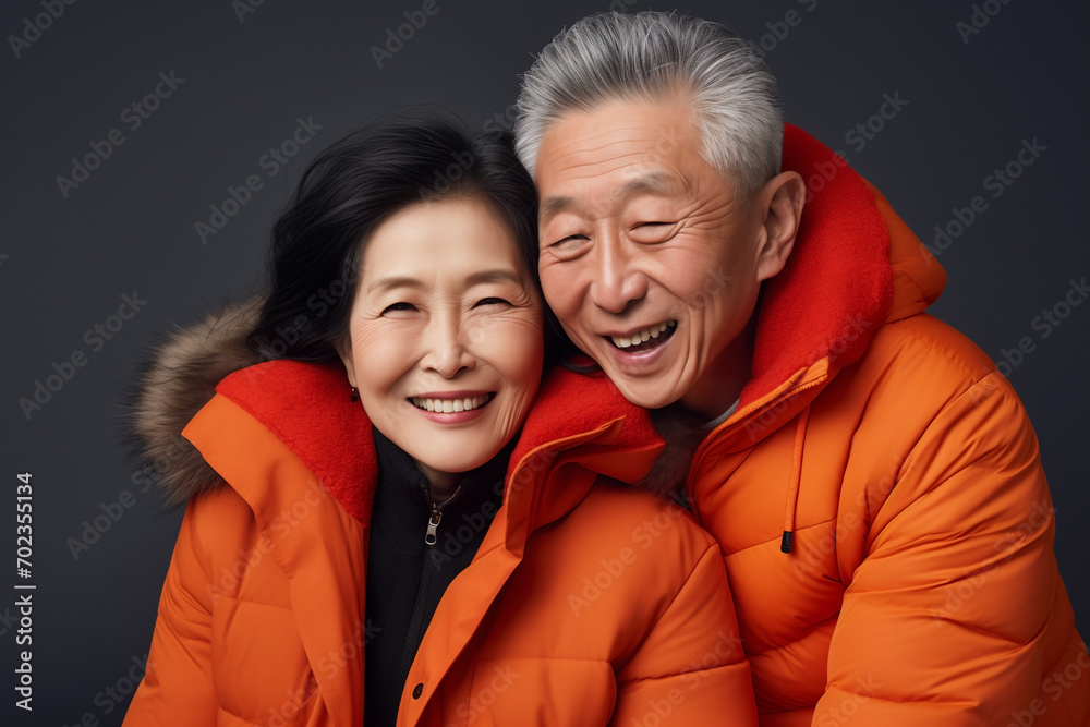 elderly couple happy smiling, hugging asian man and woman, in orange outerwear elderly couple happy smiling, hugging asian man and woman, in orange outerwear