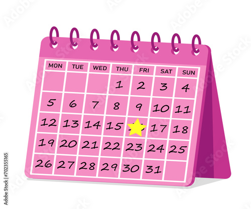 Calendar on a ring with pink color and marked with a star. Vector illustration