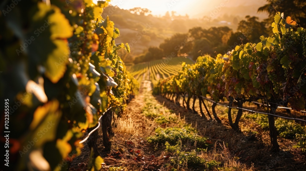 morning vineyard landscape, rows of grapevines, sunrise over vines