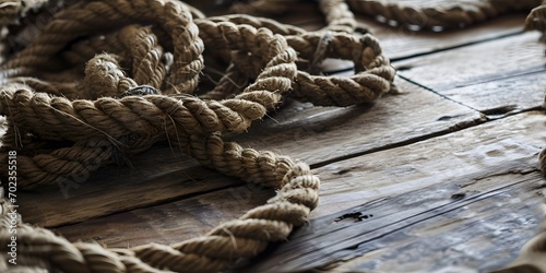 Rope lying discarded on wood floor web background - Generative ai