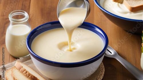 Choosing Between Condensed Milk and Evaporated Milk: A Culinary Guide. Bowl with pouring condensed milk or evaporated milk. photo