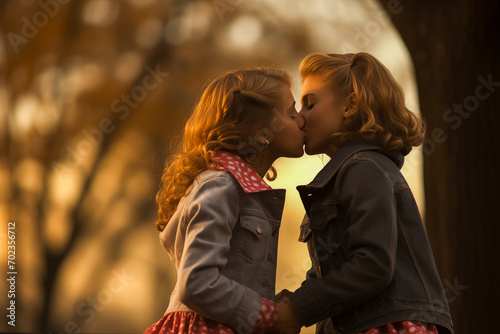 Two young girls sharing a spontaneous first kiss on the lips.