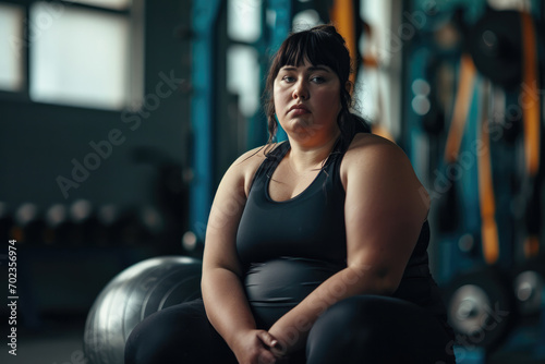A very fat girl is working out at the gym, she squatted down to rest after her workout © Alina Zavhorodnii