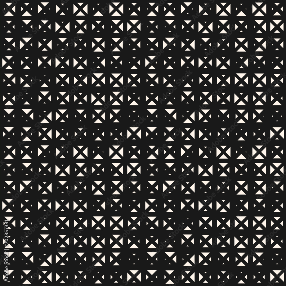 Black and white vector minimalist seamless pattern with small triangles. Stylish background with halftone effect, randomly scattered shapes, grid. Simple minimal monochrome texture. Repeating design