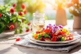 Healthy salad with fresh and colorful vegetables on a white plate, ideal for a nutritious meal