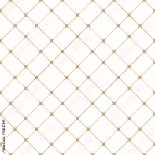 Golden grid vector seamless pattern. Abstract luxury geometric minimal texture with thin diagonal cross lines, nodes, squares, mesh, lattice, grill. Subtle simple white and gold checkered background