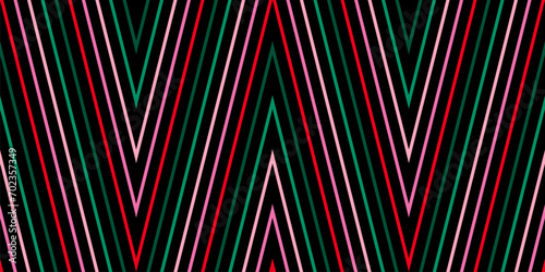 Chevron pattern. Funky zigzag stripes seamless background. Vector colorful ornament with diagonal lines, zig zag in retro vintage style. Simple abstract geometric design in green, pink, red, black