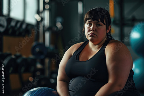 A very fat girl is working out at the gym  she squatted down to rest after her workout