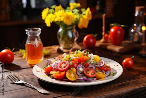 Fresh and vibrant salad with diverse ingredients elegantly arranged on a pristine white plate