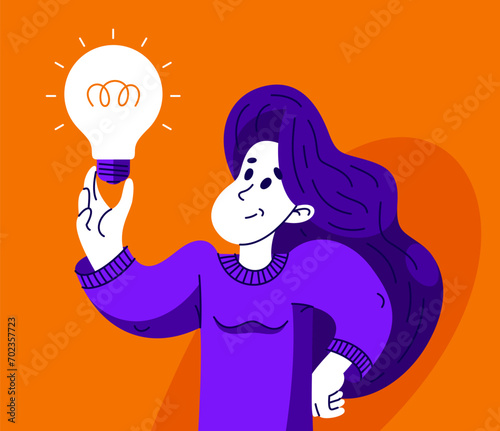 Young woman having a bright idea, vector illustration of a person with light bulb, creative genius thinking and generating a perfect idea.