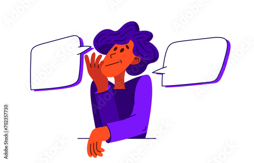 Young man choosing between two options, vector illustration of a person with two empty speech bubbles for you to put in your words or images.