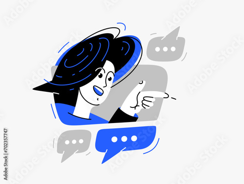 Young person talking online from a speech bubble, vector illustration of a conversation with accent on one-person trainer or mentor, online dialog, video speaker, social media commentator.