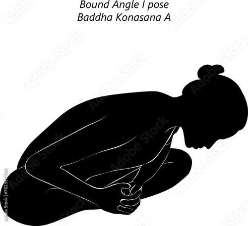 Silhouette of woman doing yoga Baddha Konasana A. Bound Angle 1 pose. Extended Bound Angle pose. Intermediate Difficulty. Isolated vector illustration