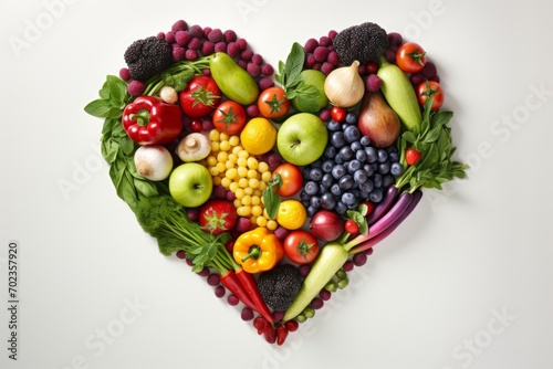 Colorful heart shaped fruit and vegetable arrangement isolated on white background, top view