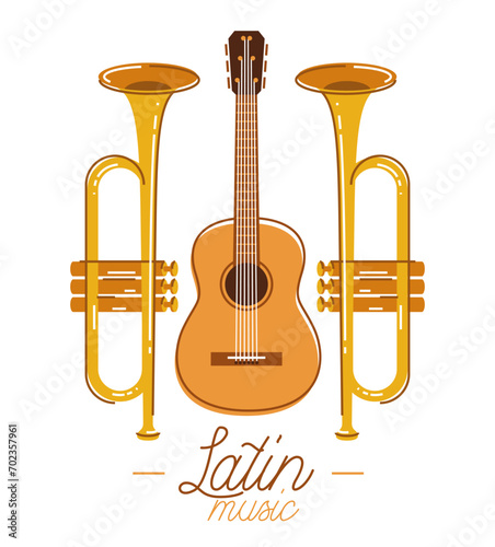 Latin music emblem or logo vector flat style illustration isolated, acoustic guitar logotype for recording label or studio or musical band.