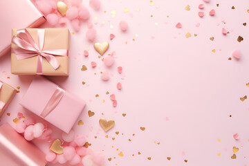 Layout for the holiday of Valentine's Day, gift, confetti and hearts, on a pink background with copy space.