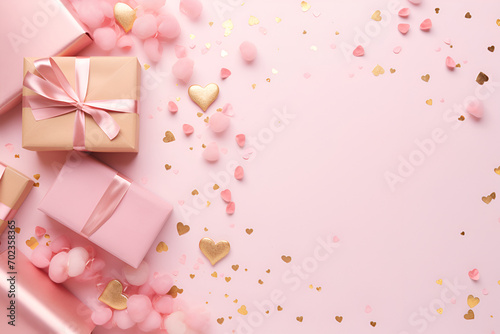 Layout for the holiday of Valentine's Day, gift, confetti and hearts, on a pink background with copy space. © Мария Фадеева
