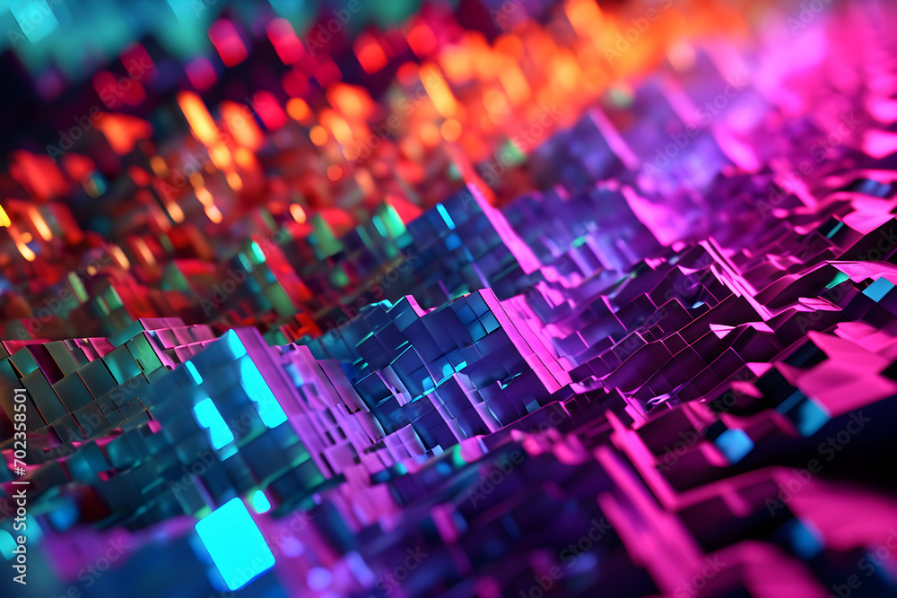 Fototapeta premium The background is multicolored iridescent cube crystals and bokeh