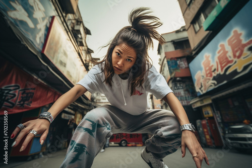 Chinese woman break dancing in urban area photo