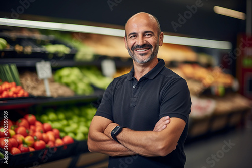 Happy man buying groceries in supermarket 