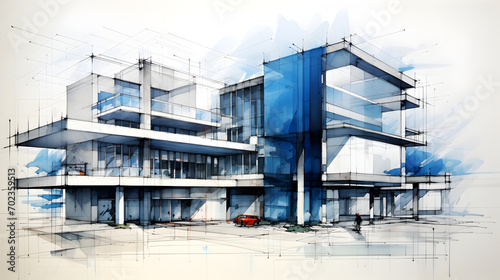 Architectural ink drawing design drawn by an architect for the construction plan of business complex