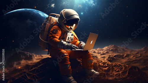Astronaut in outer space works on a laptop, Neural network concept