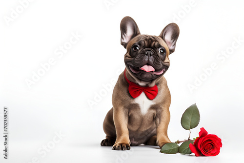 Funny dog congratulates on Valentine's Day on a white background with a rose. © Мария Фадеева