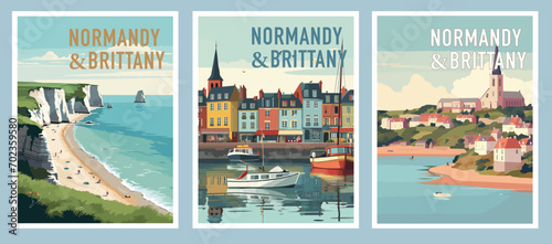 Travel retro posters Normandy and Brittany. Vector illustration for social, banner or card.