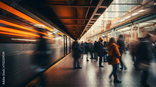 Blurred people walking on subway platform