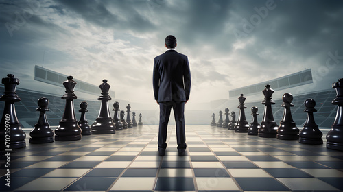 Businessman stands on a chess board