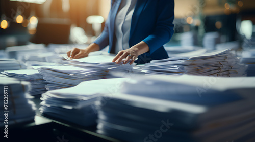 Businesswoman hands working in Stacks of paper files in search of information on work desk in office, business report papers