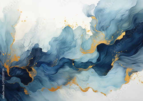 Ethereal Flow: Dance of Color, Orange Dark Blue Alcohol Ink Background