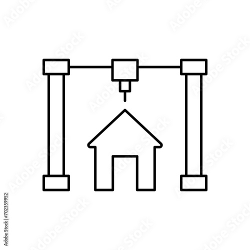 Printing modular house construction, line icon. Building home from prefabricated panels. Modern prefab fast technology in building and architecture. Editable stroke. Vector outline