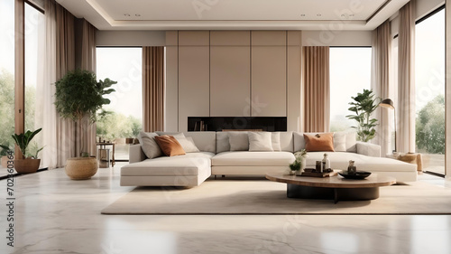 Modern living room with white sofa and large windows © Noor
