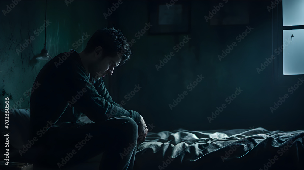 Depressed man sitting alone on bed near a window in dark environment Depressed man sitting alone on bed near a window in dark environment