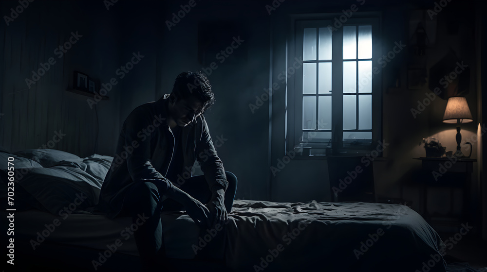 Depressed man sits alone on bed in dark and low light environment