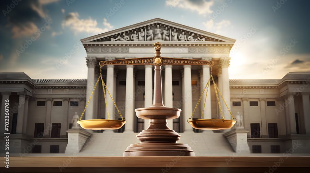 Fairness scales of justice with background of court house building Fairness scales of justice with background of court house building