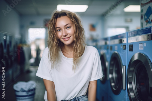 Young woman enjoying clean ironed clothes in the self serviced laundry with dryer machines on the background photo