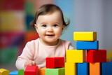 Joyful baby girl with light hair and sparkling eyes smiles in front of colorful toy blocks, radiating innocence and happiness with copy space