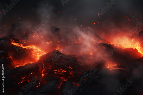 Charcoal and ash volcanic textures 3d illustration with lava, smoke and fog, background with copy space for text