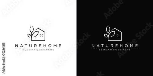 Simple Nature Home Logo. Nature House Leaf, Plant, Tree Linear Outline Style. Icon Symbol Vector Design Template.