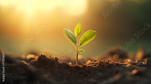 Little green sprout appears from the ground, representing awakening of the nature in spring