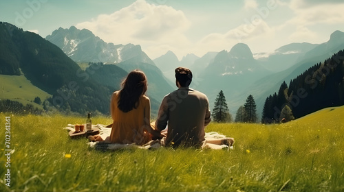 Young couple in doing picnic. Boyfriend and girlfriend sitting and looking at the beautiful scenic green meadow landscape