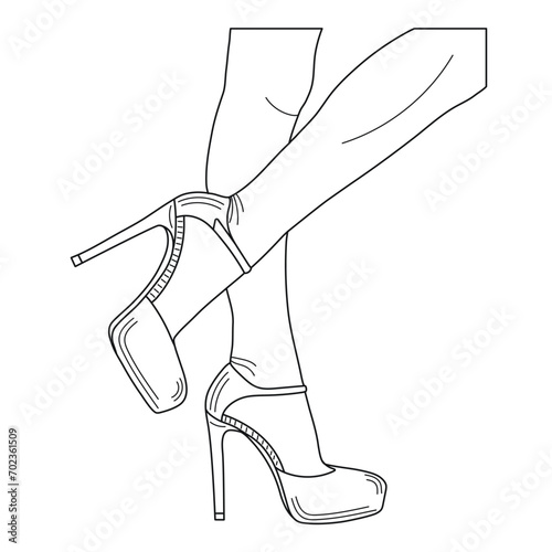 Drawing sketch outline silhouette of female legs in a pose. Shoes stilettos, high heels