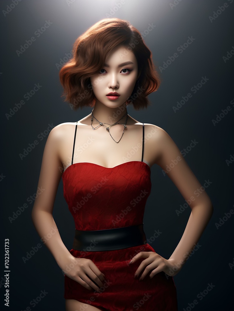 Beautiful Korean girl with bob hair, wearing a skimpy dress, red lips, toned stomach, isolated black background, Generative AI Beautiful Korean girl with bob hair, wearing a skimpy dress, red lips, toned stomach, isolated black background, Generative AI